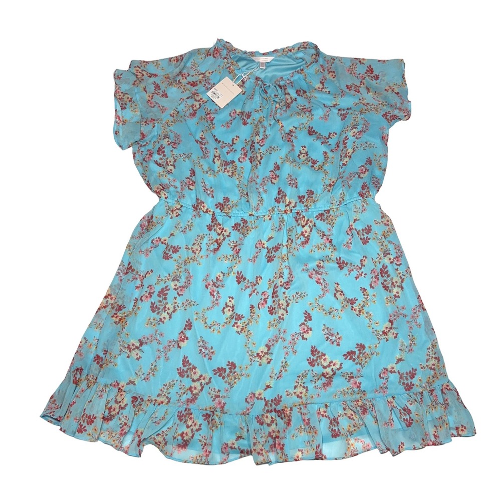 LC Lauren Conrad Womens Plus 2X Blue Floral Pleat Neck Ruffle Dress Lined Flowy - Picture 8 of 10
